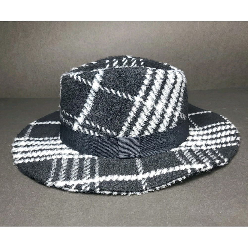Kensie Plaid Wide Brim Fedora Hat Black White Fuzzy Wool Blend Boho Winter
